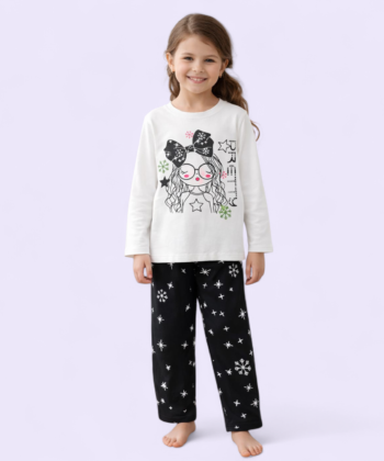 Doll Printed White Shirt And AllOver Star Printed Trauser in Black Color