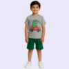 Nicker Shirt with grey Color Shirt with a dino character printing and green shorts .