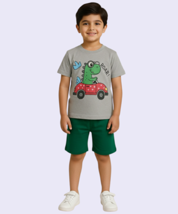 Nicker Shirt with grey Color Shirt with a dino character printing and green shorts .